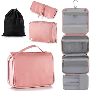 Multi-functional pink PU leather travel toiletry bag set with hanging hook and cosmetic pouches.