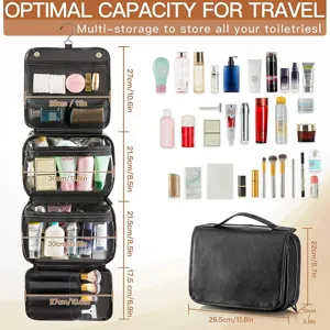 Detail view of hanging PU travel toiletry bag featuring multi-layer storage compartments.