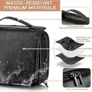 Water-resistant PU leather cosmetic bag with reinforced handle and sturdy metal zipper.