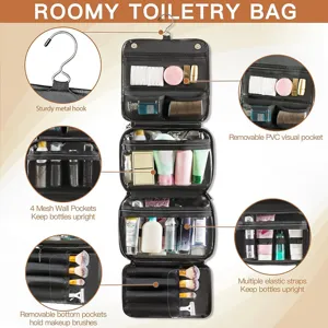 Hanging toiletry bag detail showing sturdy metal hook, PVC pockets, and elastic straps.