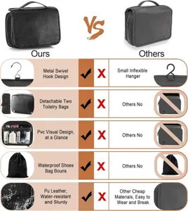 Hanging Toiletry Bag PU Leather Large Capacity Travel Cosmetic Organizer with Detachable Bags