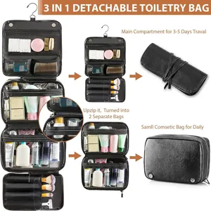 Detail view of 3 in 1 detachable PU leather toiletry bag with hanging hook and compartments.
