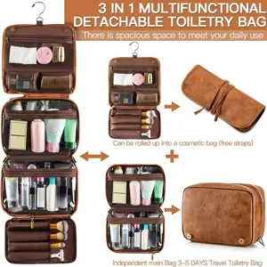 Vintage PU toiletry bag, detachable travel cosmetic bag, large capacity makeup organizer.
