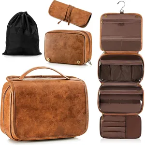 Vintage PU Leather Toiletry Bag Large Capacity Waterproof Travel Cosmetic Bag Hanging Makeup Organizer For Women