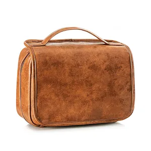 Retro PU leather travel toiletry bag, large capacity portable cosmetic makeup storage pouch.