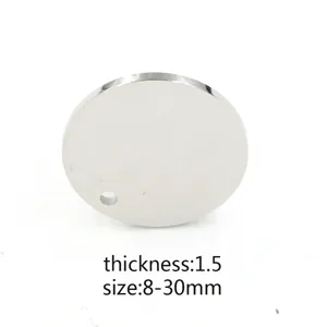 Stainless steel round blank pendant detail view, smooth mirror finish with hanging hole for DIY.