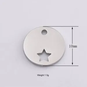 Close-up detail view of the stainless steel round disc pendant with a star cutout and 10mm size.
