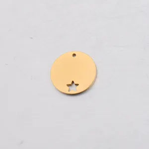 Gold stainless steel round disc pendant charm with hollow star cutout for DIY jewelry.