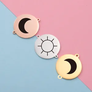 Stainless steel laser engraved sun and moon round charms connector jewelry DIY accessories