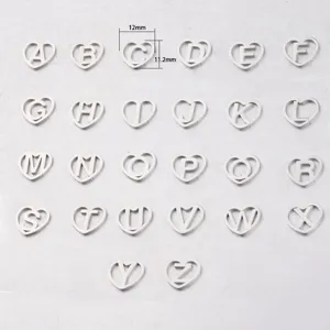 Stainless steel heart letter charms A to Z detail view, DIY jewelry making components.