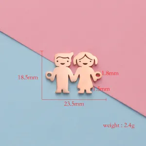 Mirror stainless steel boy and girl couple pendant DIY jewelry accessory with dimension details.