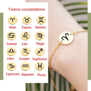 Stainless steel twelve zodiac signs charm bracelet minimalist design geometric round pendant jewelry