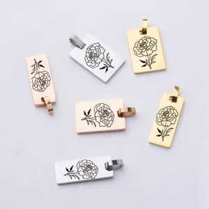 Minimalistischer Edelstahl Rechteckig Geometrisch Blumen Laser Gravierter Anhänger DIY Schmuck Zubehör Charm