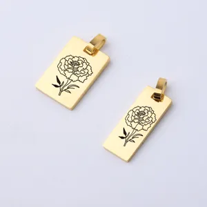 Goldener Edelstahl DIY Blumengravur Rechteck Anhänger minimalistisches Schmuckzubehör