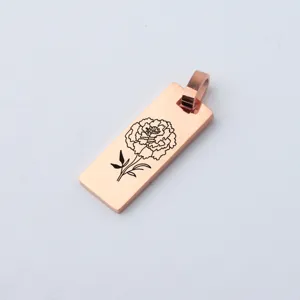 Roségoldener rechteckiger Edelstahl-Anhänger mit graviertem Blumen-Design für DIY Schmuckbasteln