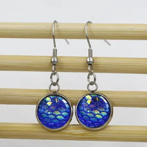 Stainless steel fish scale drop earrings with resin round pendants for women daily wear.