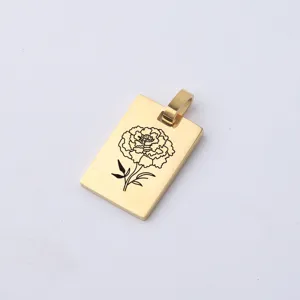 Goldfarbener Edelstahl Quadratischer Anhänger mit Gravur Blumenmuster DIY Schmuck.