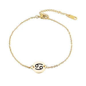 Gold stainless steel zodiac bracelet detail view, minimalist Cancer constellation round pendant design.