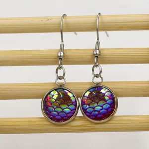 Stainless Steel Round Fish Scale Dangle Earrings Resin Jewelry Fashion Accessory Gift