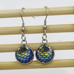 Stainless steel mermaid dragon scale fish scale cabochon hook earrings for women daily wear.