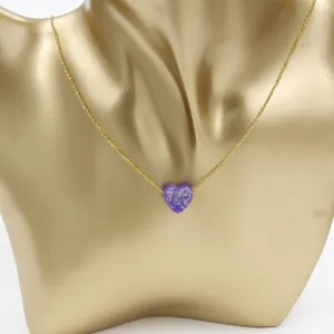 Stainless steel necklace with purple heart opal pendant, stylish clavicle chain jewelry detail.