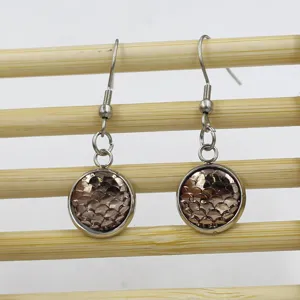 Stainless steel fish scale drop earrings with resin round cabochon, stylish daily jewelry for women.