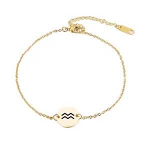 Close-up detail of a minimalist gold stainless steel Aquarius zodiac sign bracelet pendant.