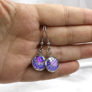 Stainless steel round fish scale drop earrings with iridescent purple resin for women fashion.