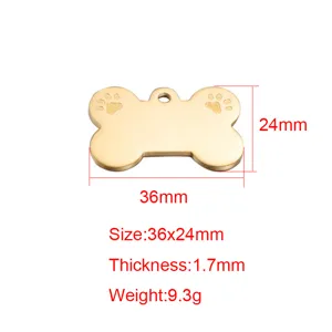 Polished stainless steel golden bone pet ID tag with paw print design, size 36x24mm.