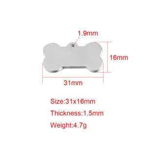 Stainless steel bone shape pet ID tag blank pendant with precise laser engraving details.