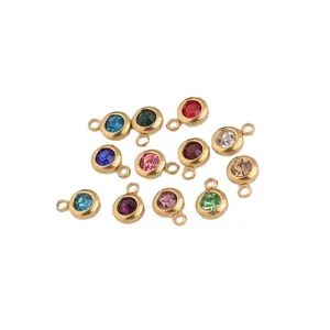 Gold stainless steel round birthstone charms DIY jewelry pendants with colorful crystals.