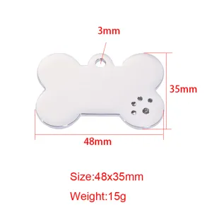 Stainless Steel Bone Dog Tag DIY Blank Pet ID Pendant with Rhinestone Paw Print 48x35mm!