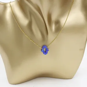 Gold hamsa hand blue opal pendant necklace for women stylish stainless steel clavicle chain
