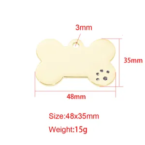 Stainless steel bone pet ID tag with rhinestones, gold mirror polished custom dog tag 48x35mm