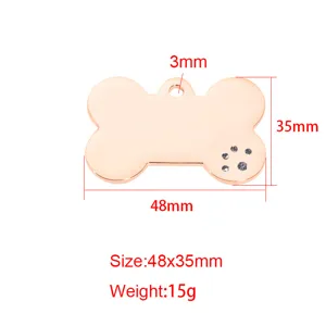 Rose gold titanium steel bone pet ID tag, engraved paw print charm pendant for dogs and cats.