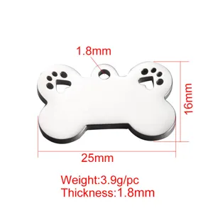 Stainless steel bone pet tag detail showing dimensions, 25x16mm size and paw print cutout.