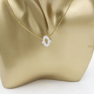 Gold stainless steel clavicle chain with a white resin hollow Hamsa hand pendant jewelry.