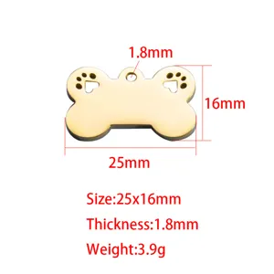 Detailed view of the stainless steel bone dog tag showing precise dimensions and thickness specs.
