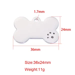 Stainless steel bone pet ID tag blank with rhinestone paw print engraving size 36x24mm