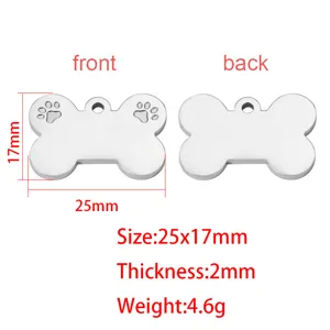 Stainless steel bone pet ID tag dimension detail showing front and back size 25x17mm thickness 2mm