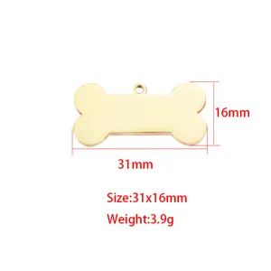 Gold titanium steel bone pet ID tag pendant, blank mirror polished dog tag 31x16mm 3.9g