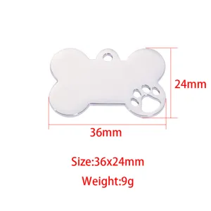 Stainless steel bone pet ID tag with paw print cutout, custom engraved pendant for dogs and cats.