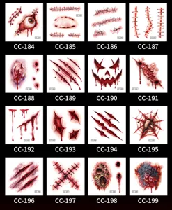 Waterproof Halloween temporary face tattoo stickers, spooky horror scars and wounds designs.