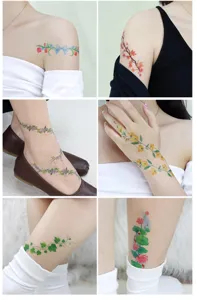 Colorful botanical temporary tattoo sticker featuring floral vines, waterproof and realistic detail.