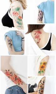 Waterproof floral temporary tattoo sticker, beautiful flower arm body art design detail.