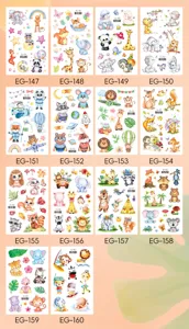 Detailed view of cute cartoon animal temporary tattoo sticker sheets for kids, colorful waterproof.