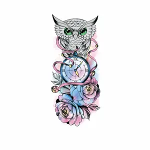 Waterproof temporary tattoo sticker featuring owl, pocket watch and floral design art.