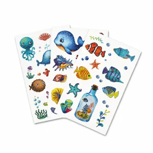 Kids glitter temporary tattoo stickers waterproof cute ocean marine animals cartoon 3sheets set