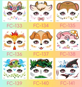 Vista detallada de tatuajes temporales faciales de animales de dibujos animados, pegatinas de colores.