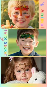 Vista detallada de tatuajes temporales de cara de animales de dibujos animados para niños.